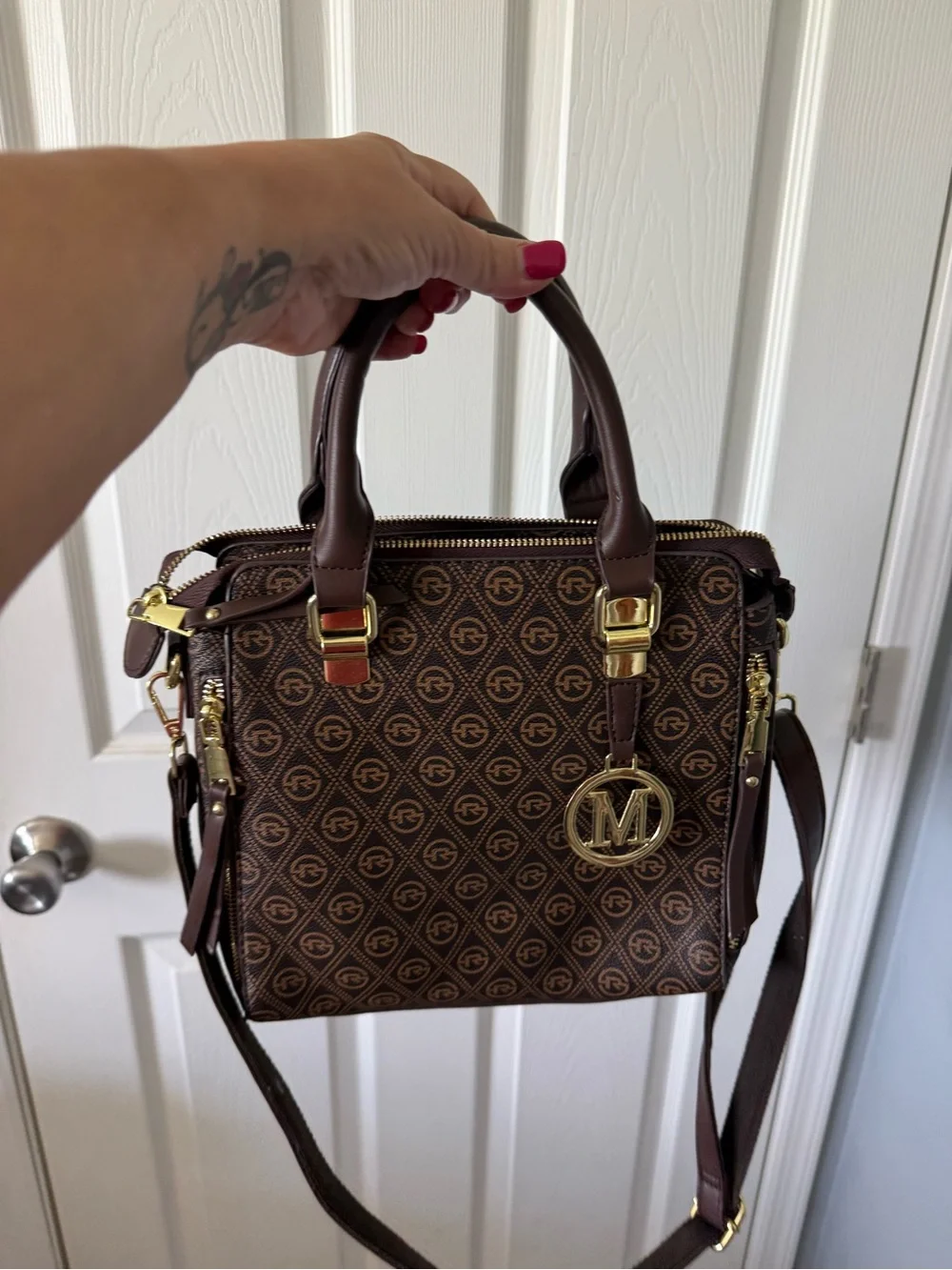 Monogram Accent Brown Satchel Shoulder Bag